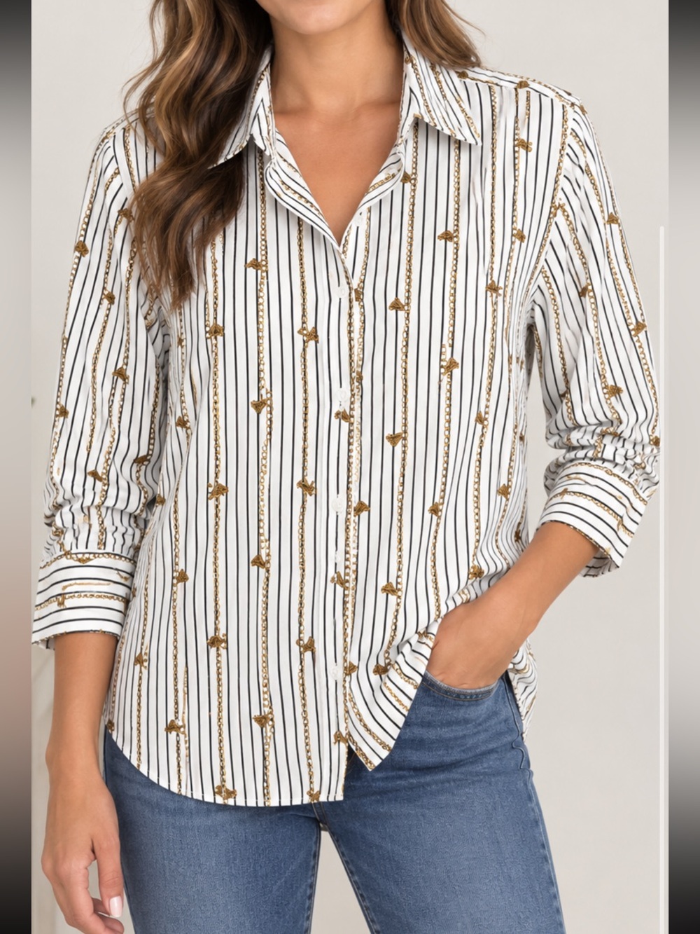 Chico White Striped Chain-Print Button-Up Shirt - NWOT Size 3